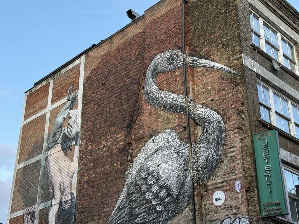 Black and White Crane Street Art in London England United Kingdom
